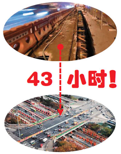上图为正准备施工的三元桥，下图为车辆在新桥面上驶过。